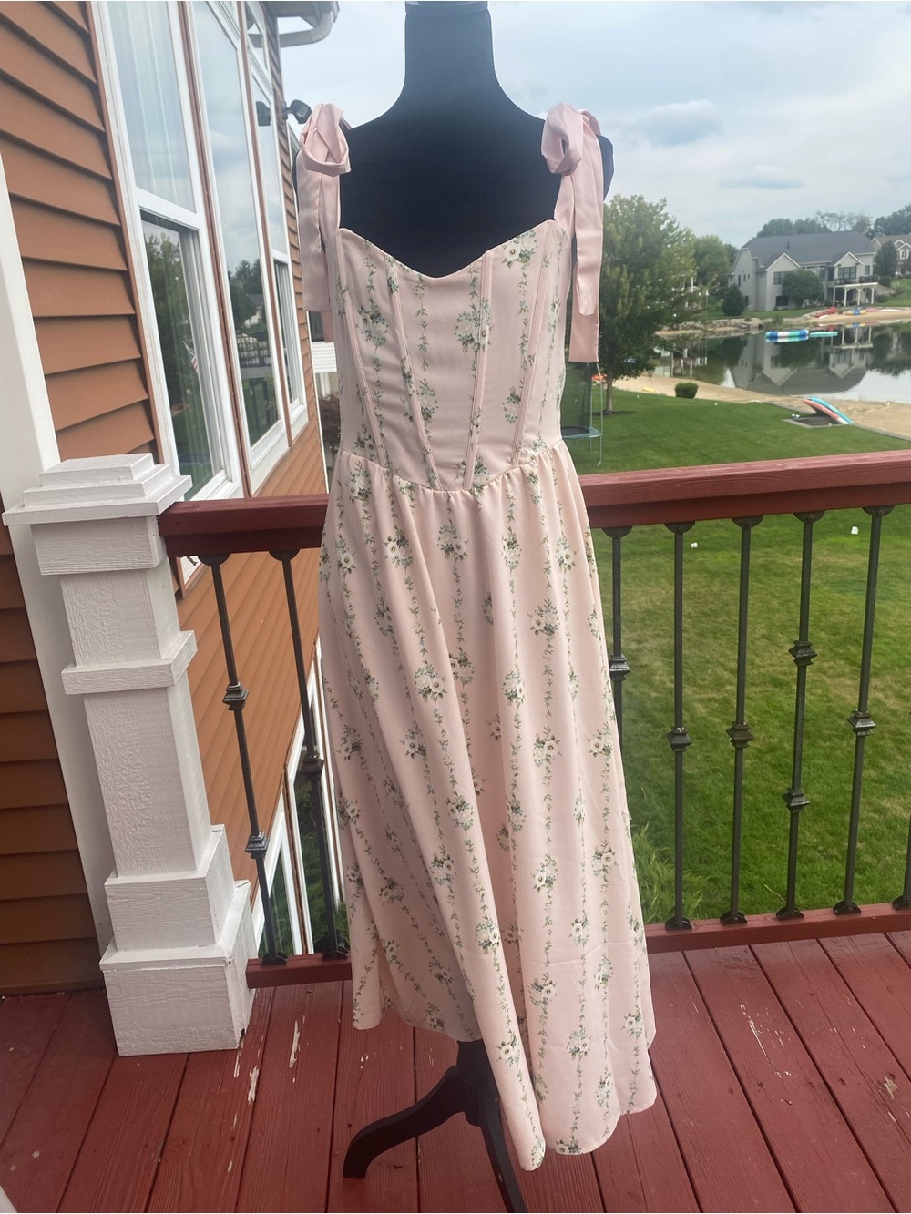 Blu Pepper Floral Corset Midi Dress M Pink Tie Shoulder Bow Cottagecore